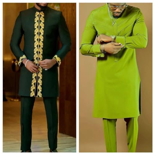 Generic Men's Social Suits Set of 2 Crewneck Long Sleeves Solid Color Paneled Shirts Festival Party African Ethnic Style2