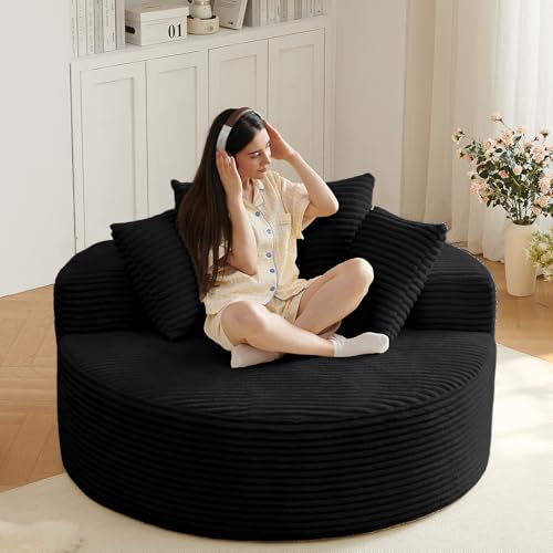 55'' Oversized Round Chaise Longue Chair, Comfy Corduroy Single Sofa with 3 Pillows,Upholstered Accent Chair with Extra-Wide & Deep Seat for Living Room & Bedroom,Black