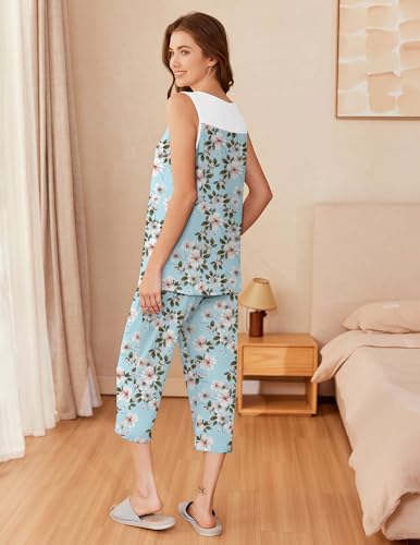 Image of Ekouaer Capri Pajama Sets for Women 2 Piece Soft Cute Pjs Round Neck Sleeveless Lounge Set for Summer Sleepwear S-XXXL