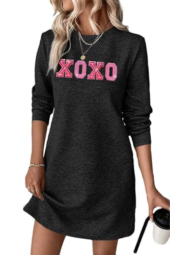 Womens Valentines Mini Dress XOXO Sequin Print Long Sleeve Sweatshirt Dress Cute 2025 Holiday Outfits
