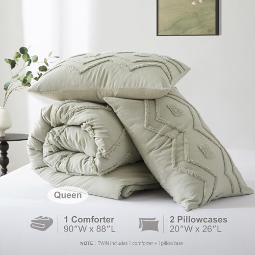 Image of Oli Anderson Boho Tufted Comforter Set Queen Size, 3 Pcs Soft Jacquard Bedding Set for All Seasons, Shabby Chic Farmhouse Bedding Set with Comforters for All Seasons (Mist Sage, Queen)