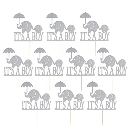 HEAVENGLOW 10xGlitter Paper Elephant Cake Topper Baby Shower Silver Boy