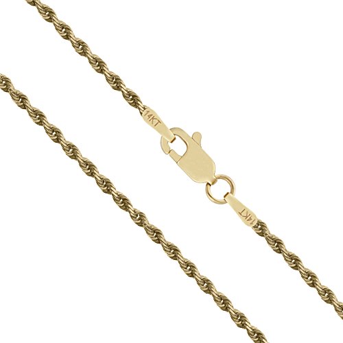 Honolulu Jewelry Company 14K Real Solid Yellow Gold 1mm or 2mm Rope Chain Necklace Lobster Clasp, 16