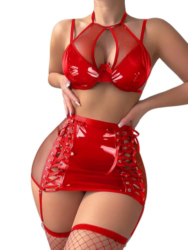 Image of Foxiny Sexy Cutout Halter Underwire Leather Mesh Sheer Mini Skirt Stocking Lingerie Set 4 Piece Outfits