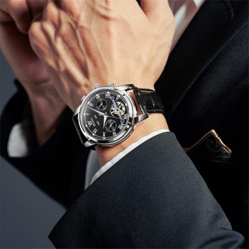 Image of OLEVS Mechanical Dress Mens Watches Square Brown Leather Strap Moon Phase Skeleton Tourbillion Day Date Waterproof Luminous Men's Wrist Watches