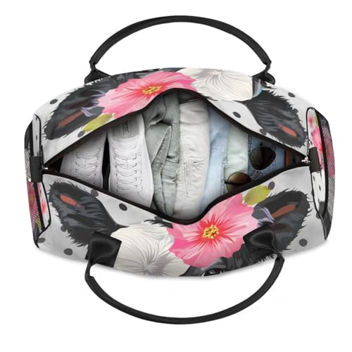 Personalized Cute Milk Cow Travel Duffel Bag with Name, Custom Gym Sport Bag Black Dots Carry On Weekend Overnight Duffel Bag for Men Women4