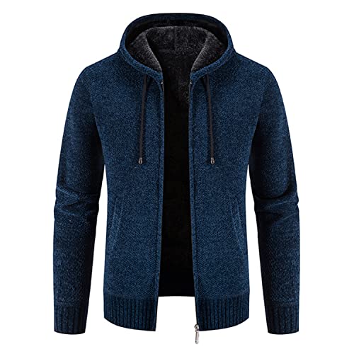 Lu's Chic Men's Full Zip Hoodie Winter Striped Knitted Long Sleeve Cardigan Sweater Slim Fit Hooded Sweatshirt Pockets