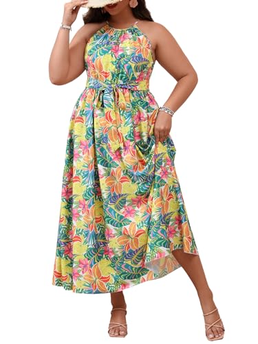 Image of Floerns Women's Plus Size Boho Sleeveless Halter Neck Tie Back A Line Long Dress