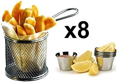 Set of 8 - Mini Chrome Chip Basket Round Frying Fry Serving Basket 10 x 8cm + Free 8pk Ramekins Sauce Cups Condiment Bowls - Ideal for Food Presentation by Kitchen Stars