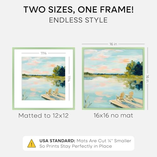 Image of Homeforia 16x16 Picture Frame Sage Green, High End Metal 16 x 16 Square Poster Frames with Mat 12 x 12 Photo, 16x16 Frame Matted to 12x12 Art, 16by16 Hanging Frames, Tempered Glass, Wall Kit, Set of 1