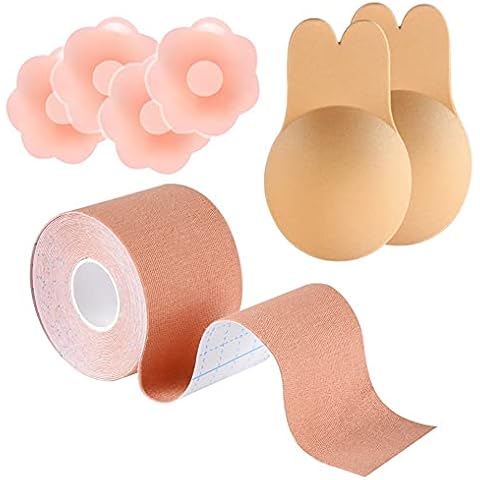 Sinoeem Body Tape Strapless Adhesive Sticky Bra Strong Stick On Self Adhesive Bra with Petal Nipple Covers,Breast Lift Cover Bra Invisible Push Up Backless Bra for Sizes A-K Beige Cover