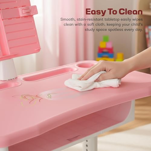 Image of BAYBEE Study Table with Chair for Kids 2+ Years Boys & Girls | 3 Level Height Adjustable Baby Desk Table Set | Ergonomic Kids Table Desk Chair with Book Storage, Tablet, Pen & Bottle Holder (Pink)