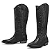 mysoft Women's Cowboy Boots Mid Calf Cowgirl Embroidered Western Pointed Toe Chunky Heel Pull On Knee High Boots