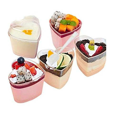 XIGUI 4oz/140ml Mini Dessert Cups - Clear Tasting Sample Shot Glasses 25 Piece Reusable of Plastic Heart-Shaped Dessert Cups + Lid + Spoon, Suitable for Cheese, Desserts, Jelly, Mousse, Ice Cream Cover