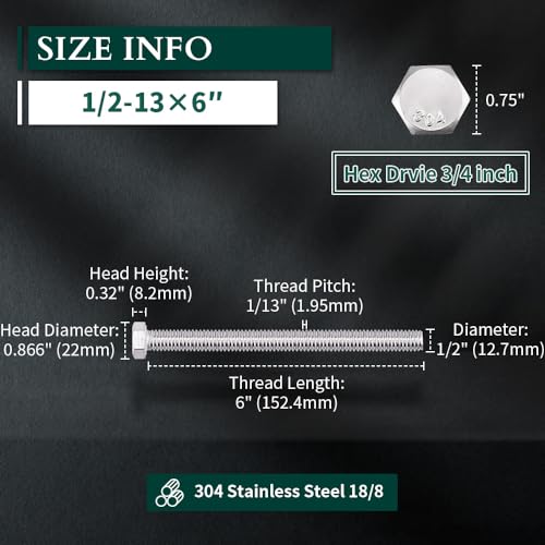 Image of 1 /2-13 x 6 Hex Head Bolts Screws, 304 Stainless Steel 18-8, Fully Threaded, Hexagon Head Cap Bolts Screws, Coarse Thread UNC, 4 PCS