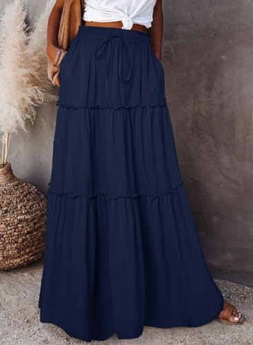 Image of Happy Sailed Womens Floral Print Boho Maxi Skirt Elastic High Waist Pleated Ruffle Flowy Long Skirts S-XL