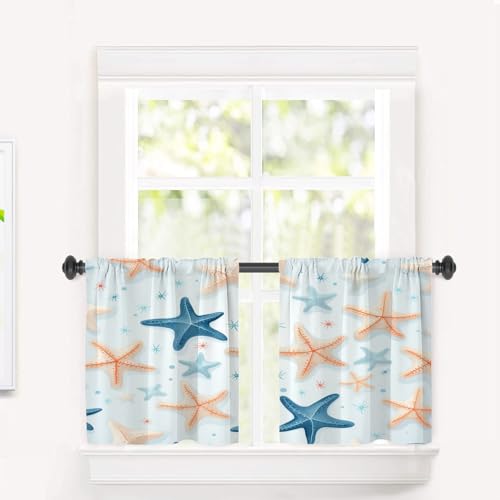 BaoNews Starfish Blackout Tier Curtains, Sea Themed Design Half Window Drapes for Kitchen with Rod Pocket,Room Darkening 2 Pack 26X24 Inches