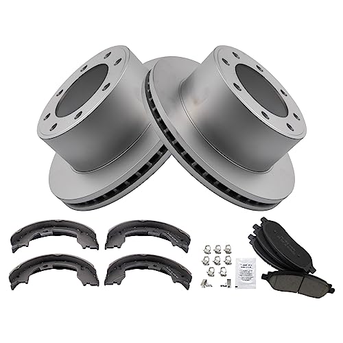 Image of TRQ Rear Brake Pad & Rotor Kit Parking Brake Shoe Set Ceramic Premium G-Coated Compatible with 2005-2007 Ford F-250 Super Duty F-350 Super Duty