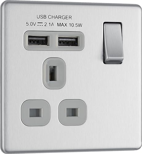 Newlec British General FBS21U2G Nexus Flatplate Screwless Brushed Steel 1 Gang 13A 1 Pole 2x USB-A 2.1A Switched Socket - Grey Insert