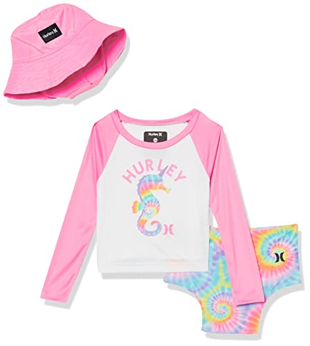 Image of Hurley Baby Girls' Long Sleeve Rash Guard and Hat 3-piece Swimsuit Set