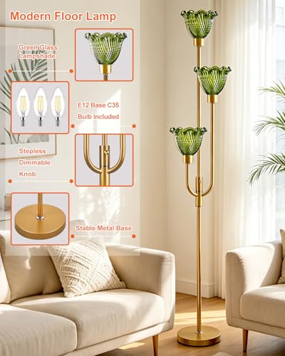 Image of Lightdot 3-Lights Glass Floor Lamp 66IN Modern Gold Dimmable Floor Lamps with 3000K Warm White Bulbs for Wedding Party Tall Standing Lamp with Green Glass Shade for Living Room /Bedroom /Home Decor