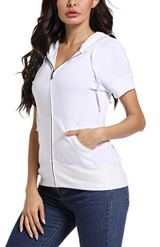 Miss Moly Women Short Sleeves Hoodie Jacket Full Zip Up Lightweight Sweatshirt Casual (White, Medium) #TOP1
