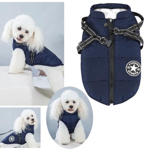 Aiboria Hundejacken für den Winter Winddicht Wasserdicht 2 in 1 Outfit Kaltwettermantel Hundewestengeschirr Welpen Winter Warme Jacke Kleines Blau M