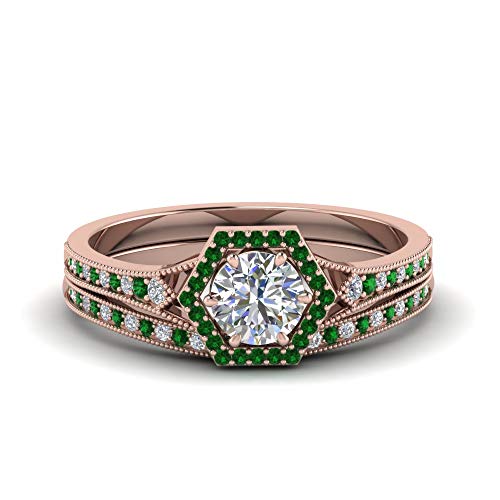 Image of Choose Your Gemstone Vintage Hexagon Halo Bridal Ring Set Rose Gold Plated Round Shape Wedding Ring Sets Matching Jewelry Wedding Jewelry Easy to Wear Gifts US Size 4 to 12