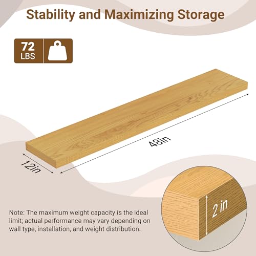 Image of 48 Inch Floating Shelves, 12 Inch Deep Floating Shelves for Wall, Extra Deeper & Thicker Wooden Wall Shelf with Invisible Brackets, Shelf for Bedroom Living Room Home Decor(Oak, Set of 2)