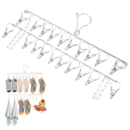 ERINGOGO 折りたたみステンレス製クリップ洗濯物干しハンガー 室内外対応 省スペース収納可能 家用丈夫な多機能ピンチ付き列洗濯干しラック