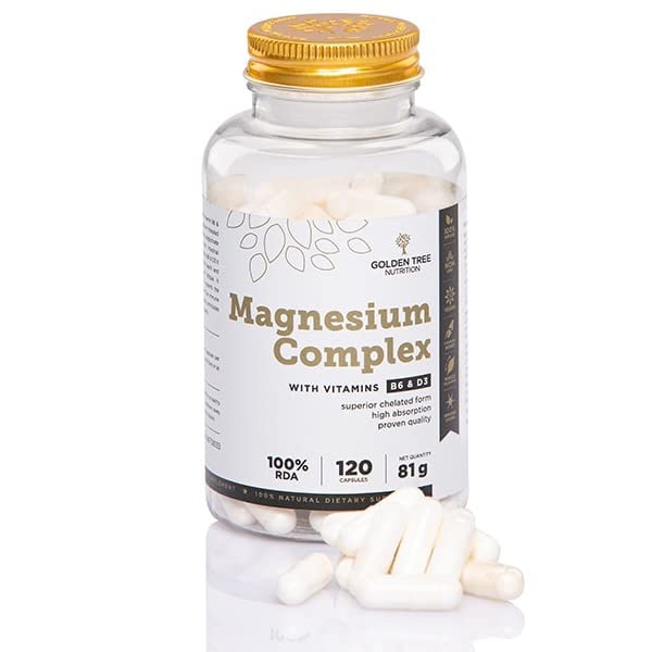 Golden Tree Magnesium Complex – Magnesio Complex Triple con Magnesio Bisglicinato, Citrato y Malato – Alta Potencia 400 mg con Vitamina D3 y B6 – 120 Cápsulas