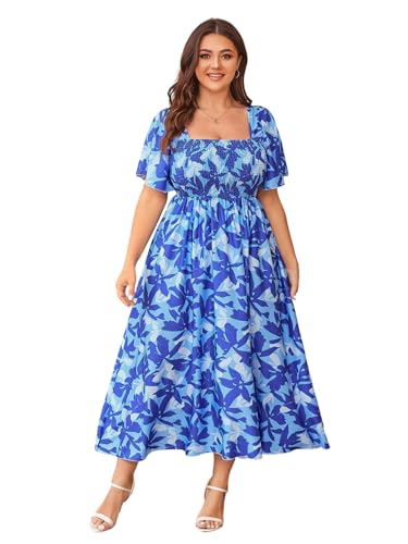 Image of Floerns Women's Plus Size Floral Square Neck Flounce Short Sleeve A Line Maxi Dress