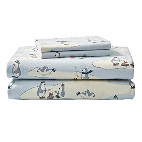 Image of Eddie Bauer - Flannel Sheets Full Size, Anti-Pilling & Wrinkle Resistant Cotton, Bed Sheets with Matching Pillowcases & Fitted Sheet (Skating Penguin Light Blue)