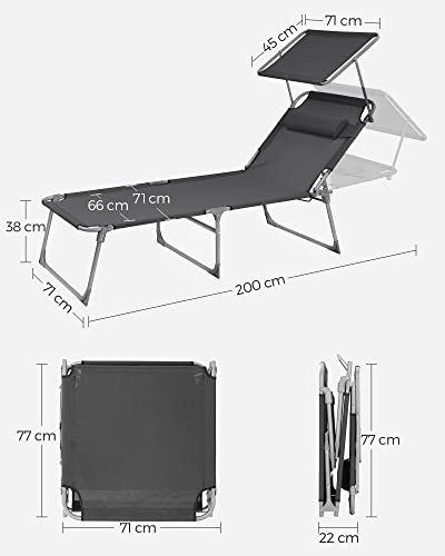 SONGMICS Sonnenliege groß, zusammenklappbar, Sonnenliege, 200 x 71 x 38 cm, Tragfähigkeit 150 kg, mit Sonnenblende und Verstellbarer Rückenlehne, für Garten, Pool, Terrasse, Dunkelgrau GCB22GYV2