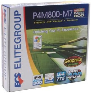 Retail packaging box for the ECS P4M800-M7 motherboard, highlighting key features like Intel Pentium 4 support, embedded graphics, and DDR400.