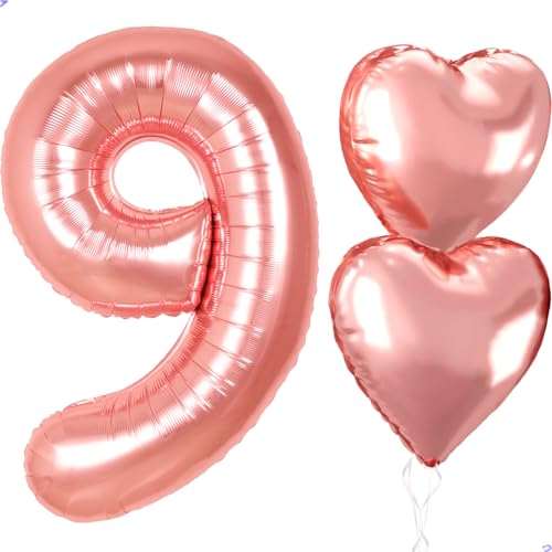 40 inch Rose Gold Birthday Decorations for Girls, 9 Birthday Balloons Girls Aesthetic Birthday Party Decorations Rose Pink Girl Party Decor Backdrop Number 9 Balloon