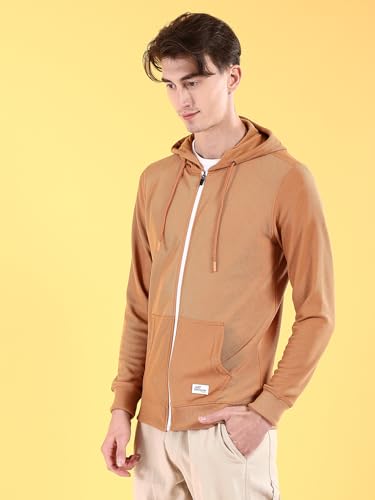 Image of The Indian Garage Co Men Regular Fit Self Design Front Open Hooded Sweatshirt