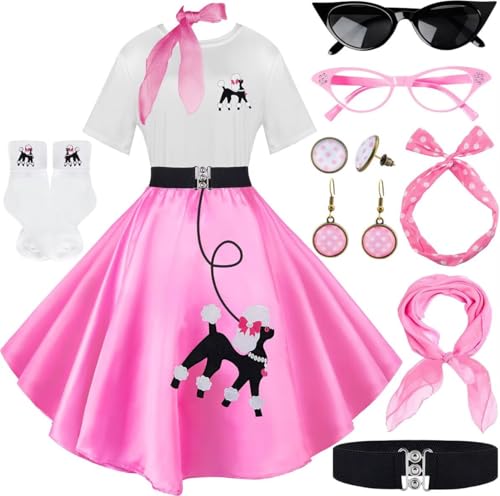 Villbecoser 10 Pcs Sock Hop Outfits Women, 1950S Poodle Skirts, T-Shirt With 50S Accessories Socks Scarf Headband Belt Earring (Pink-M)