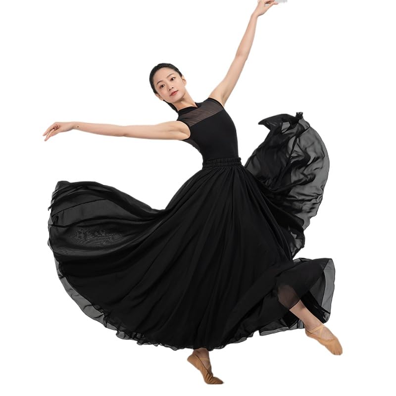 HEARTTOUCH Women's Sheer Lyrical Dance Skirt 720° Ballet Modern Swing Skirts Light Dance Dress for Performance Photography (Black,Small)