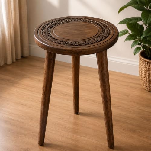 Image of Wood Round Side Table Coffee Table for Living Room | Wooden End Table with Decorative Wooden Plant Stand & Stool for Living Room, Balcony,& Bedroom Accent Table | Brown (Brown)