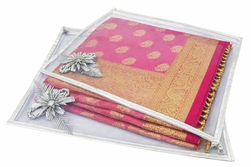 Image of RAAHII 5 Piece Wedding Gifting Transparent single saree cover with zip, suit packing plastic covers for sadi, duppata, clothes bags, lehenga, kurti for wardrobe storage organizer (Silver)