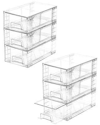 6 Pack Stackable Storage Drawers,Plastic Organizers Bins, Drawers Storage with Handles and Movable Dividers for Organization and Storage in Fridge,Bathroom, Pantry, Kitchen Cabinets, Under Sink