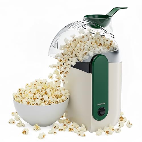 Green Lion Pop Mate Popcorn Maker 1200W Hot Air Popcorn Machine Oil-Free & Fat-Free 2-3 Min Quick Prep 60g Kernel Capacity Overheat Protection Cool-Touch Perfect for Home Parties & Movie