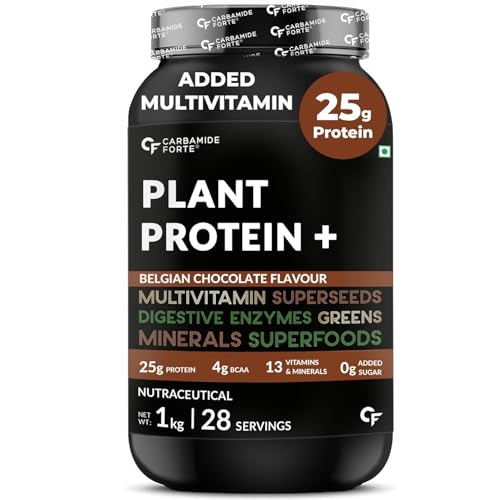Carbamide Forte Plant Protein Powder For Men - Plant Based Protein Powder with Multivitamin, Minerals, Superfoods, Pea Protein, Digestive Enzymes - Belgian Chocolate Flavour - 1kg