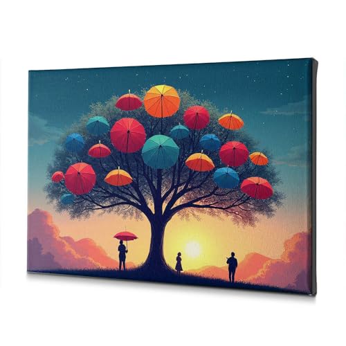 Toile décorative rustique arbre parapluies colorés coucher du soleil tableau mural salon 40x60cm