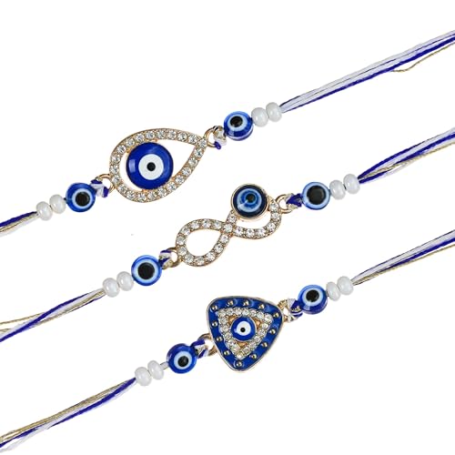 Image of eCraftIndia Evil Eye Rakhi Set of 3 for Brother with Cute Couple Showpieces | Designer Nazar Rakhi Combo | Premium Beaded Raksha Bandhan Gift Set for Bhai