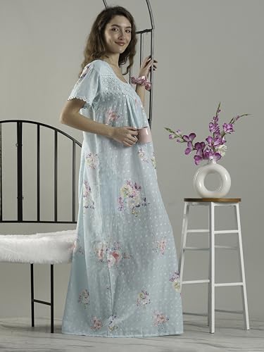 Image of 9shines Label Stylish Chikankari Cotton Nighty Maxi for Women | Full Length Nightgown | Nightdress with Pocket | Embroidery Nighty | Soft Comfortable Cotton Nightwear (1545)