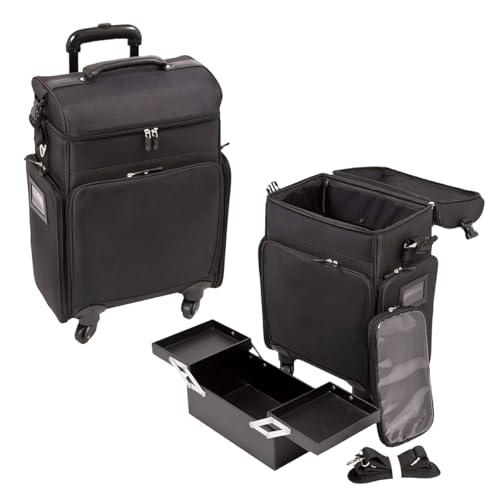 Image of Adson Multifunctional Professional Beauty Makeup Artist Rolling Cosmetic Aluminium Vanity Trolley Beauty Train case Makeup Cosmetic Trolley Hairstylist Travel Organizer (Full Black)