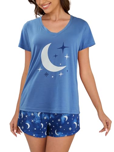 Image of VENTELAN Pajama Set For Women Cute PJS Summer Short Sleeve Shorts Sleepwear