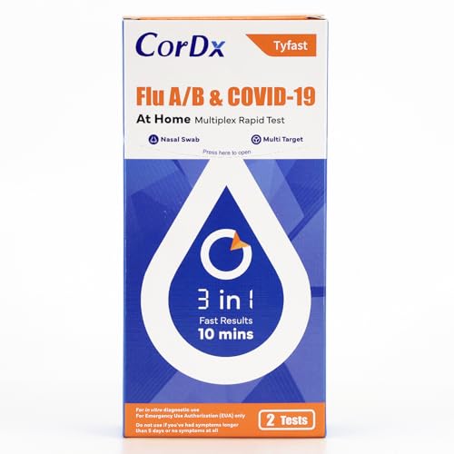 CorDx TyFast Flu A/B & Covid 19 Multiplex Rapid Test, 10 Mins at Home, EUA Authorized, 3 in 1 Combo Kit, 2 Tests